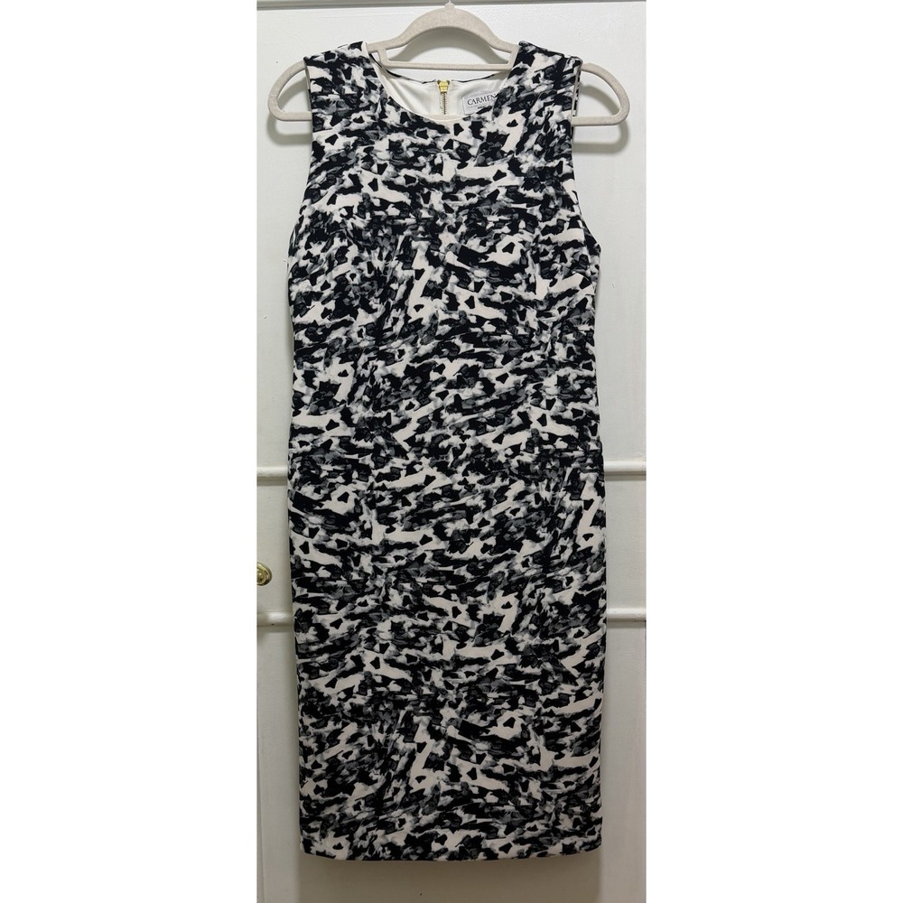 Carmen Marc Valvo Black White‎ Abstract Sheath Dress Sleeveless Knee Length Sz 8